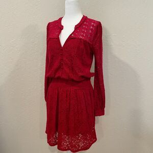 ~ Anthropologie Sm Leifnotes Field Day Dress Red Lace Stretch Mini Small Ruby ~